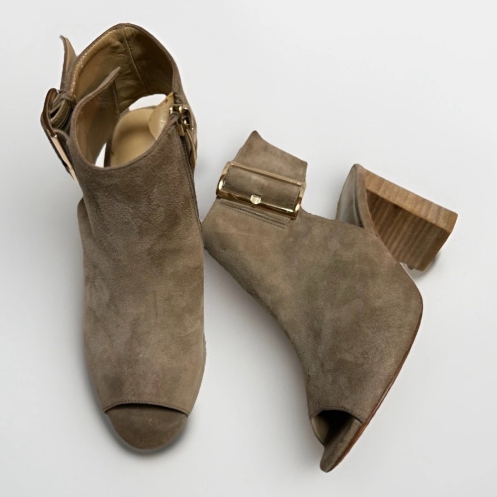Vaneli Bisa Taupe Suede open toe sling back heels